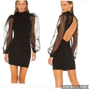 NBD Bao Dress in Black Sheer Puff Sleeves Open Back
